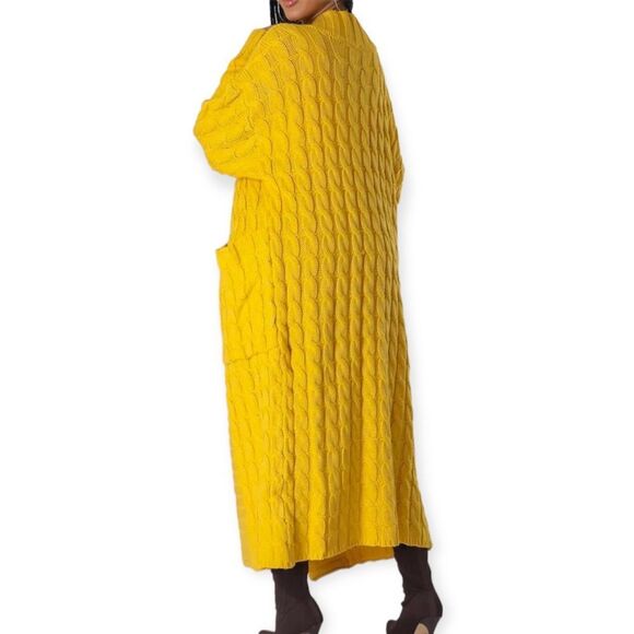 Long Sleeve Front Pockets Yellow Long Knit  Cardigan Sweater Jacket NEW - Picture 2 of 4